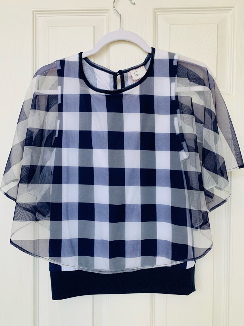 Anthropologie Navy and White Gingham Sheer Overlay Blouse, XS, NWT
